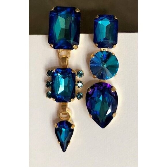 PREOWNED ELIZABETH COLE DESTRY MISMATCHED BLUE 24K GP SWAROVSKI CRYSTAL EARRINGS - Picture 1 of 5